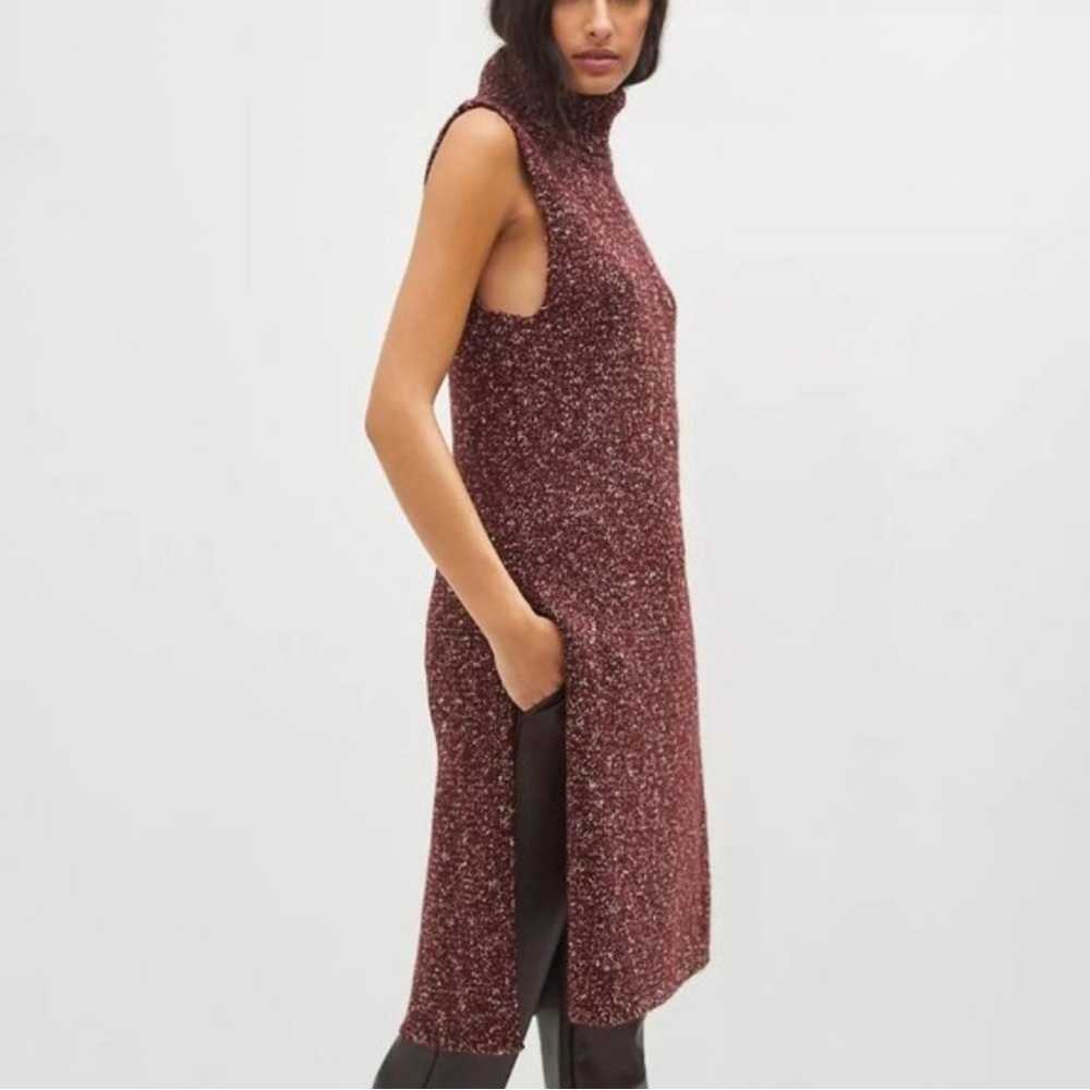 Anthropologie Flowy Maxi Tunic Sweater Sleeveless Turtleneck in Wine